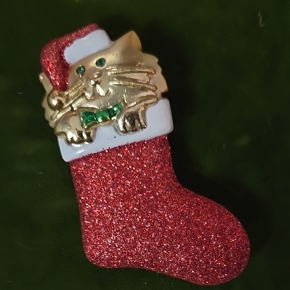 Festive Red Glitter Stocking Pin with Cat